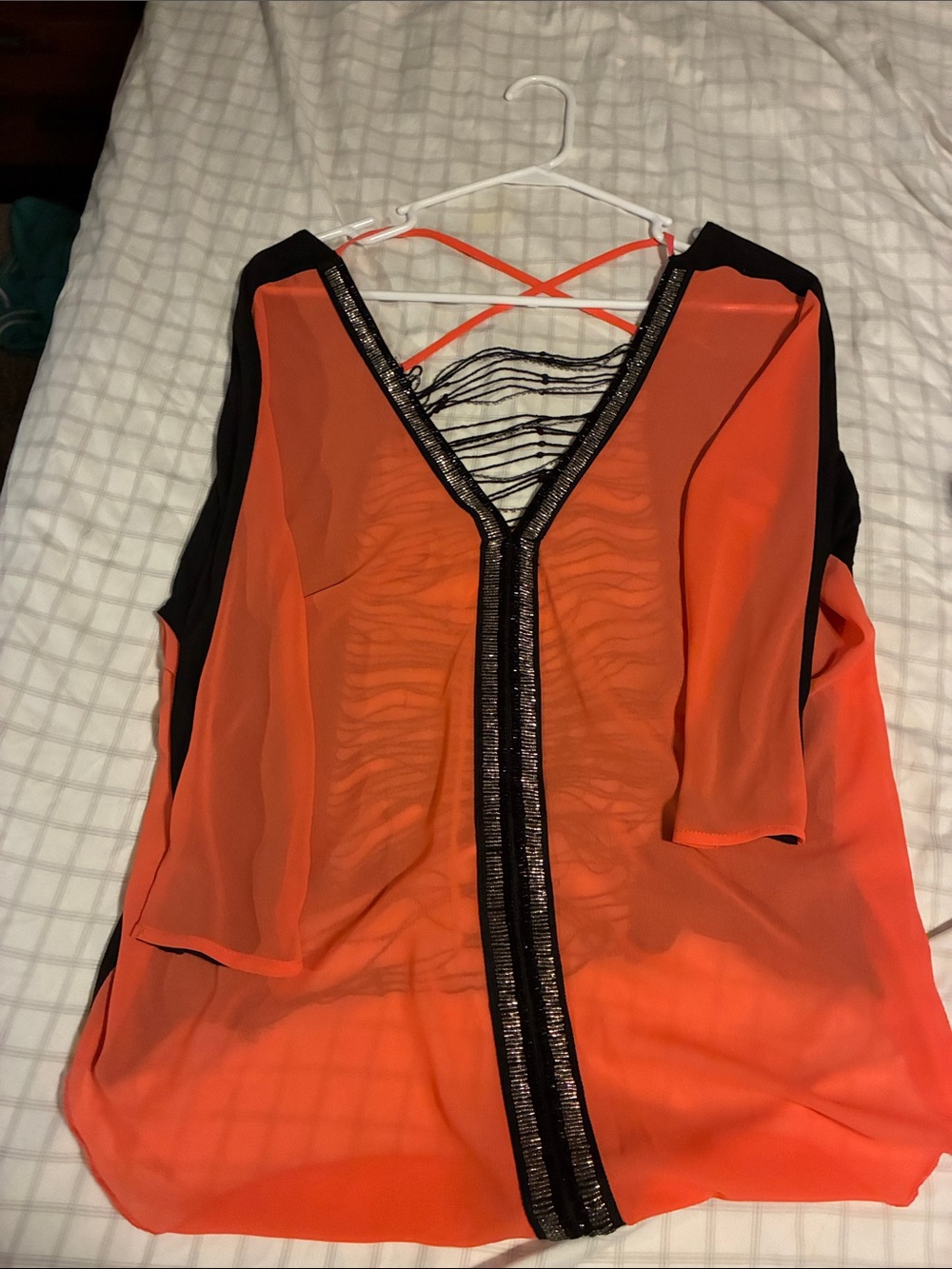 Women's Orange Sheer V-Neck Top with Black Accents